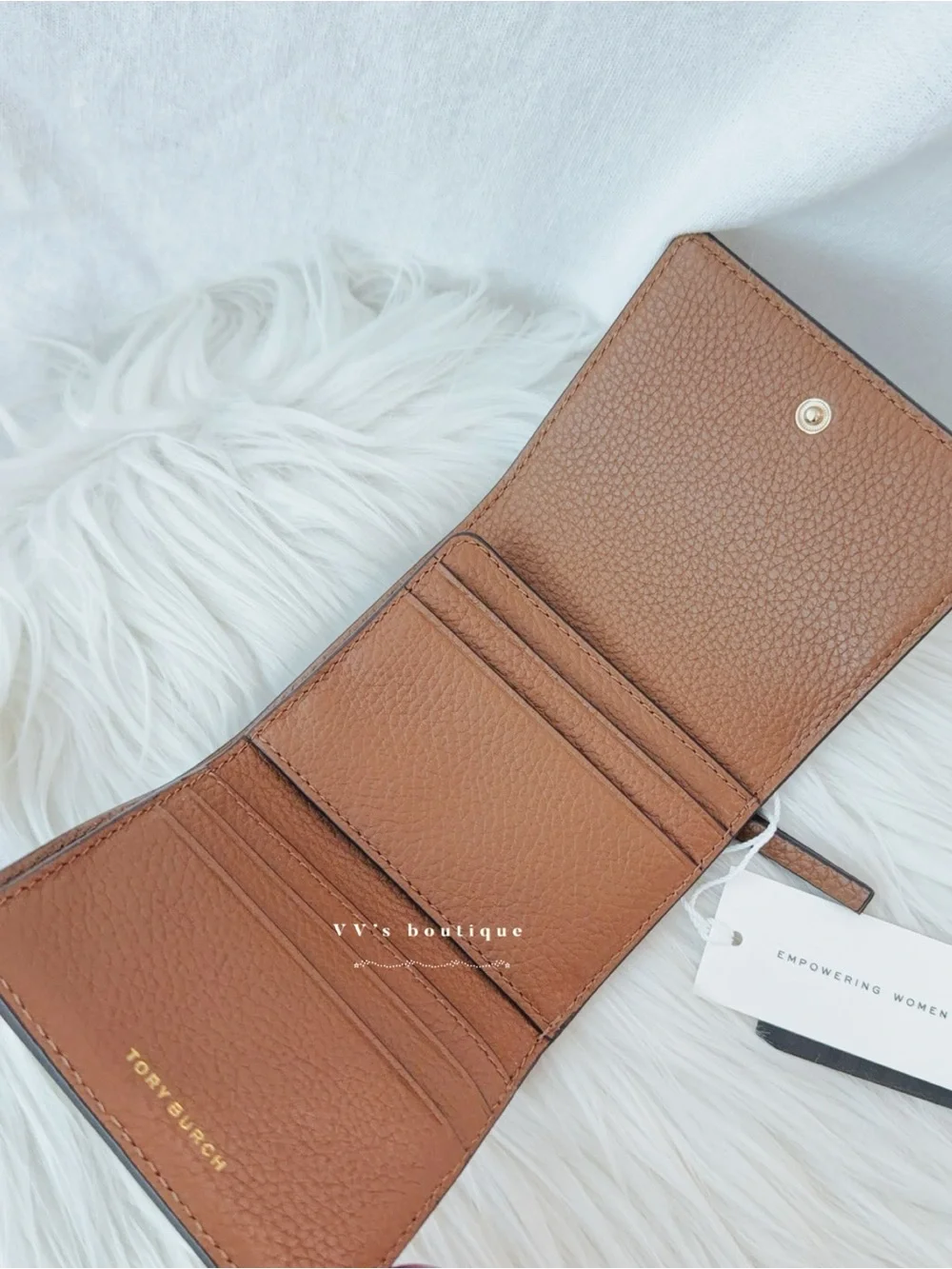 NWT Tory Burch Britten Compact Trifold Wallet Leather Moose Brown Gold 159431